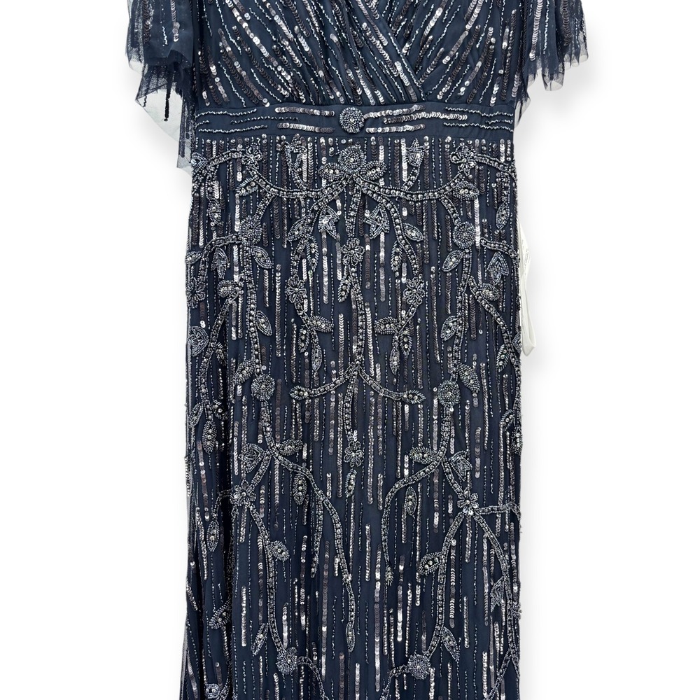 Mac Duggal NEW Navy Embellished Cap Sleeve Faux Wrap Trumpet‎ Gown $698 Size 12 - Picture 8 of 16